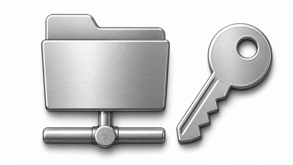 Metallic Windows shared-network icon beside a key, representing a password-protected network share that repeatedly requests credentials.