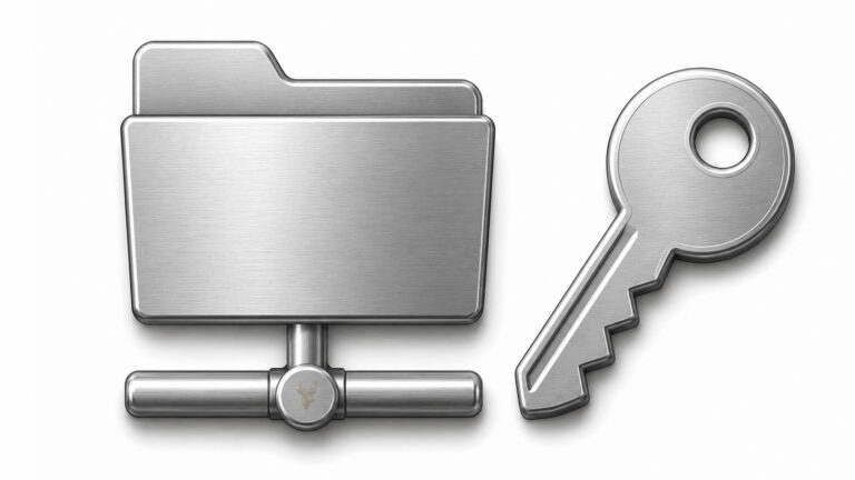 Metallic Windows shared-network icon beside a key, representing a password-protected network share that repeatedly requests credentials.