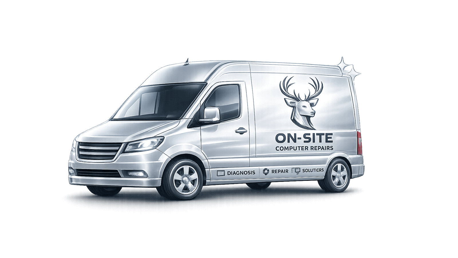 Silver on-site computer repair service van featuring a deer logo and computer repair lettering.
