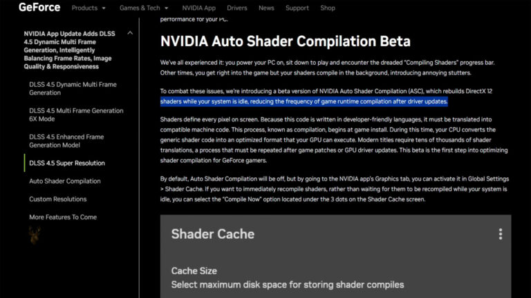 NVIDIA application window describing Auto Shader Compilation, which rebuilds DirectX 12 shaders after driver updates.