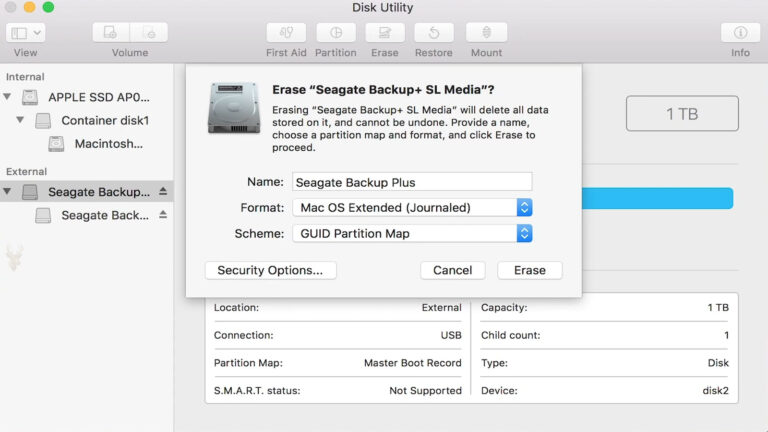Disk Utility showing a Seagate Backup Plus drive with its disk partitions and erase options visible.