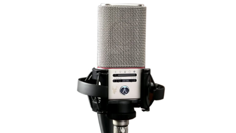Professional condenser microphone used for high-quality audio recording.