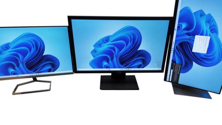 Three-monitor setup with two horizontal displays and one vertical display, representing remote support issues caused by multiple monitors.