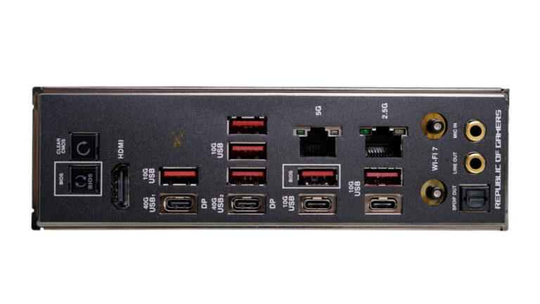 Rear IO panel of a Republic of Gamers motherboard with multiple USB ports used for connected peripherals during system startup.