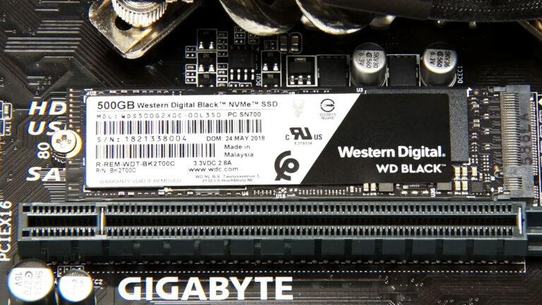 Gigabyte motherboard with a Western Digital Black M.2 NVMe SSD installed, illustrating modern solid-state storage.