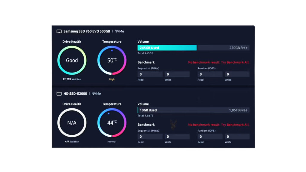 Samsung Magician software displaying installed SSDs and the over-provisioning settings used to reserve storage space for performance and endurance.