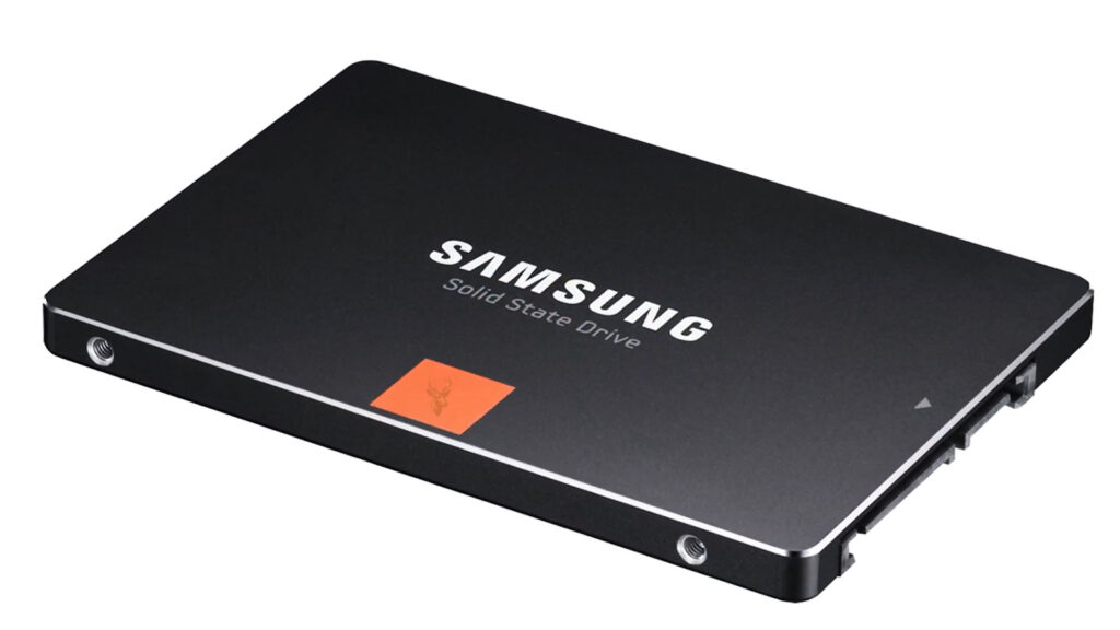 Samsung 2.5-inch solid-state drive with a red square sticker on the drive casing.