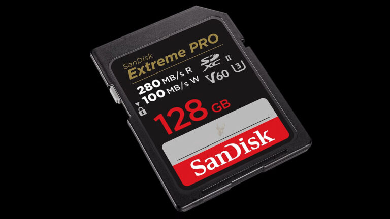 SanDisk Extreme PRO 128 GB SDXC V60 memory card.