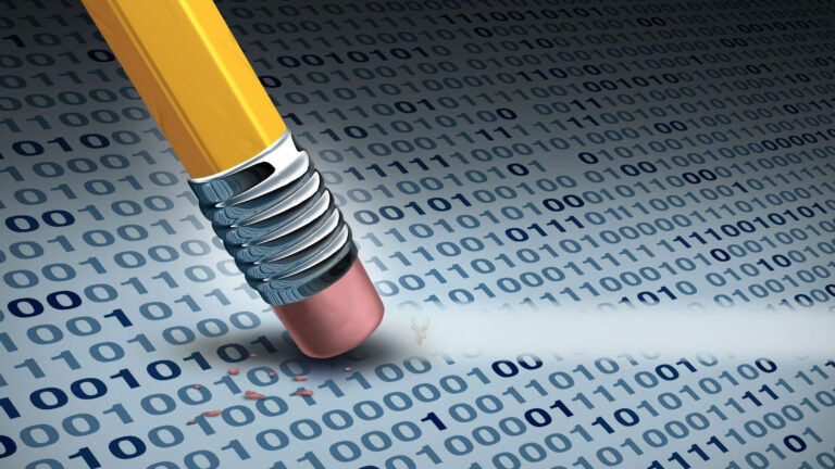 Illustration of a pencil eraser removing binary data to represent secure erase instead of ordinary file deletion.