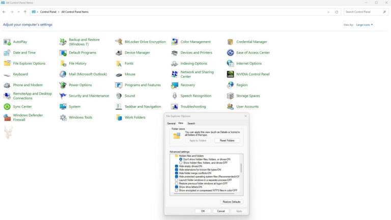 Windows File Explorer Options showing the Hidden files and folders setting used to reveal hidden Desktop.ini files.