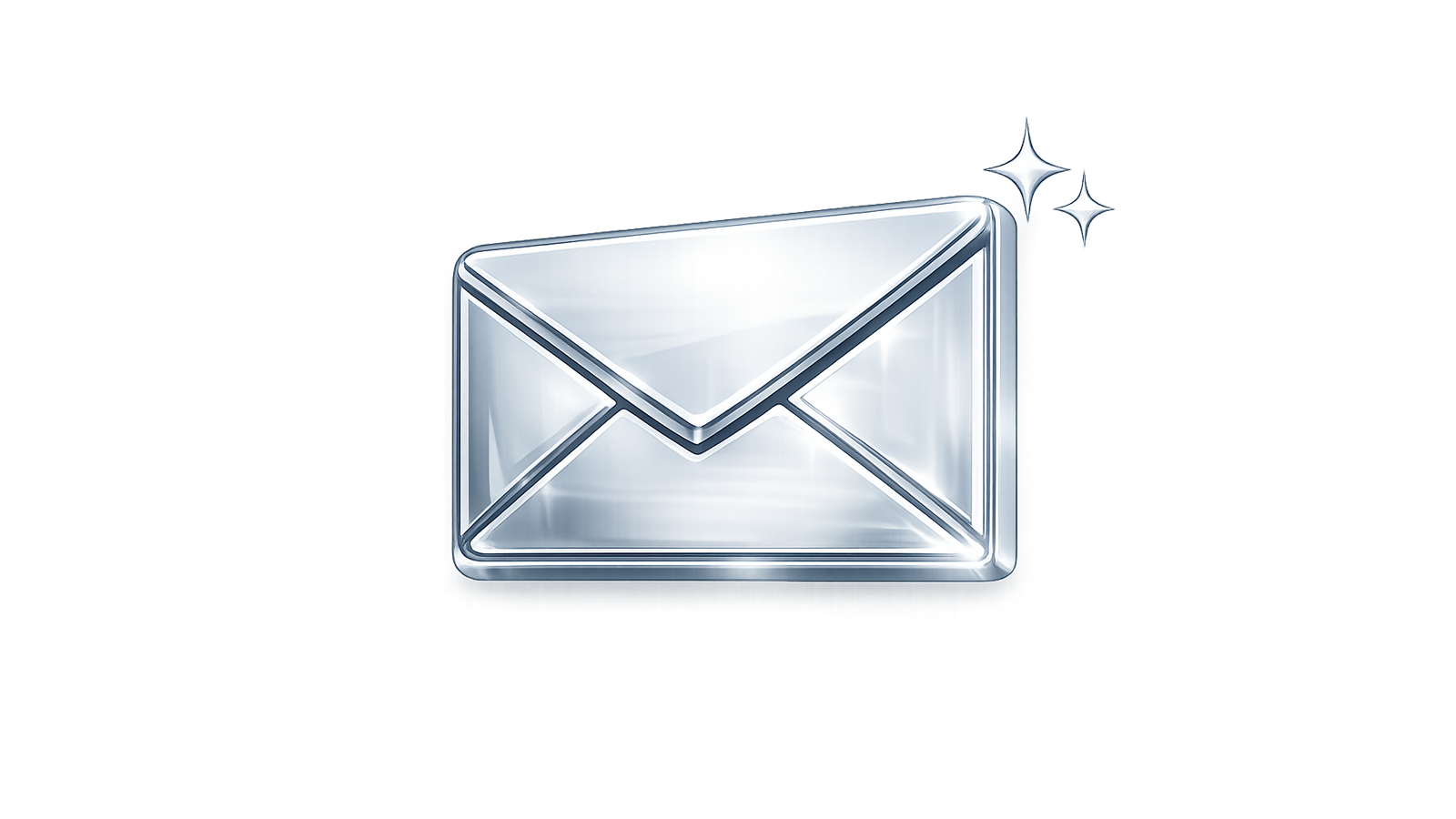 Metallic silver email envelope icon with a glossy chrome finish and reflective highlights.