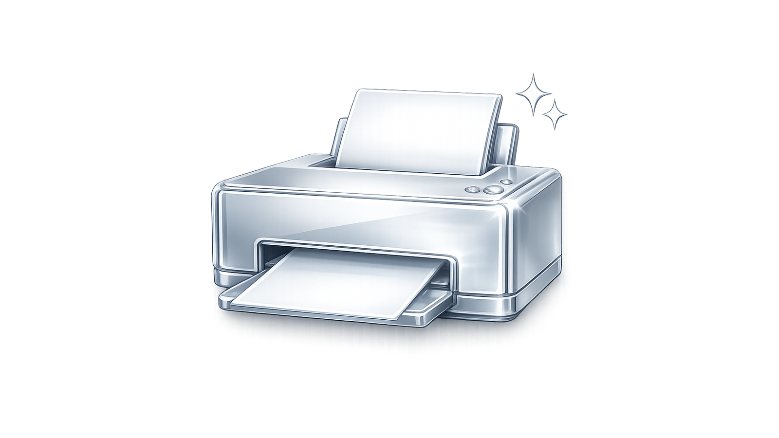 Metallic silver printer icon with a glossy chrome finish and reflective highlights.