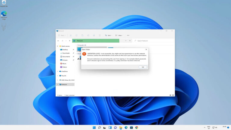 Windows Network window showing an inaccessible shared resource and a message that the user may not have permission to connect.