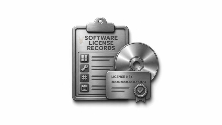 Clipboard with software license information beside a product key certificate and installation disc for small-office software management.