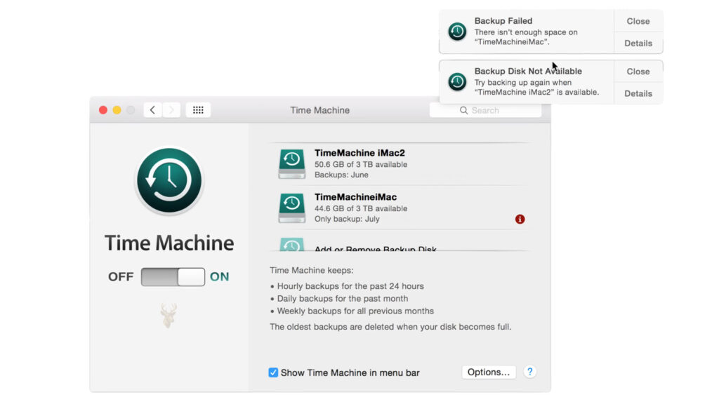 Time Machine showing failed backups for Time Machine iMac and Time Machine iMac 2.