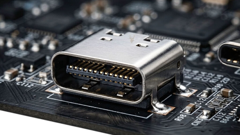 USB-C port on a computer motherboard supporting Alt Mode video output to a compatible display.