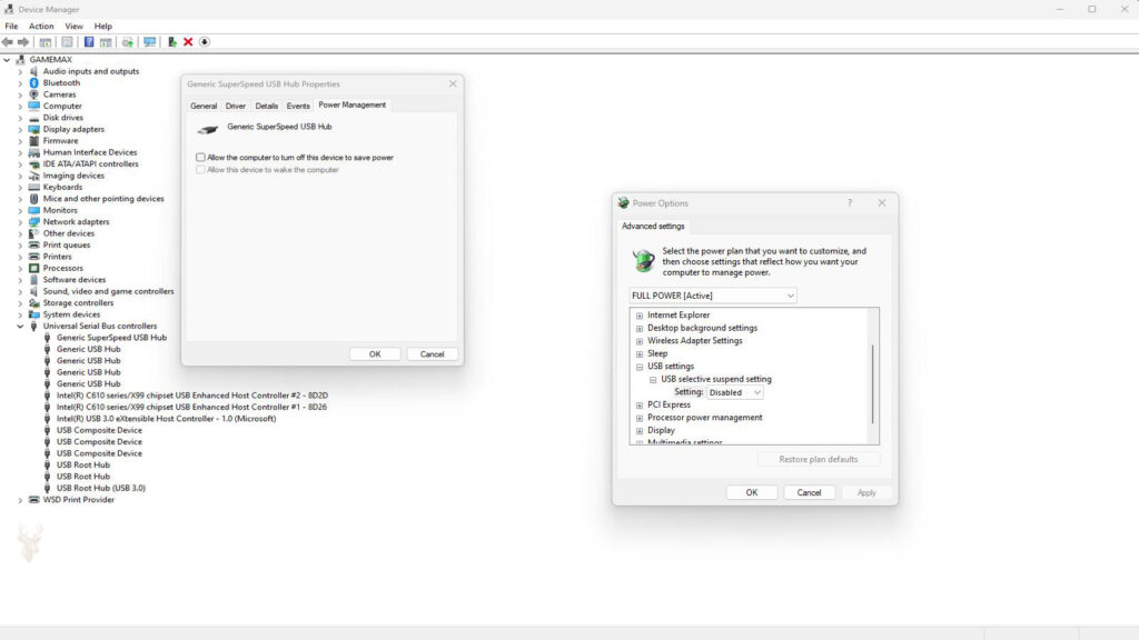 Windows Device Manager and advanced power settings showing USB power-saving options disabled to troubleshoot devices that randomly disconnect.
