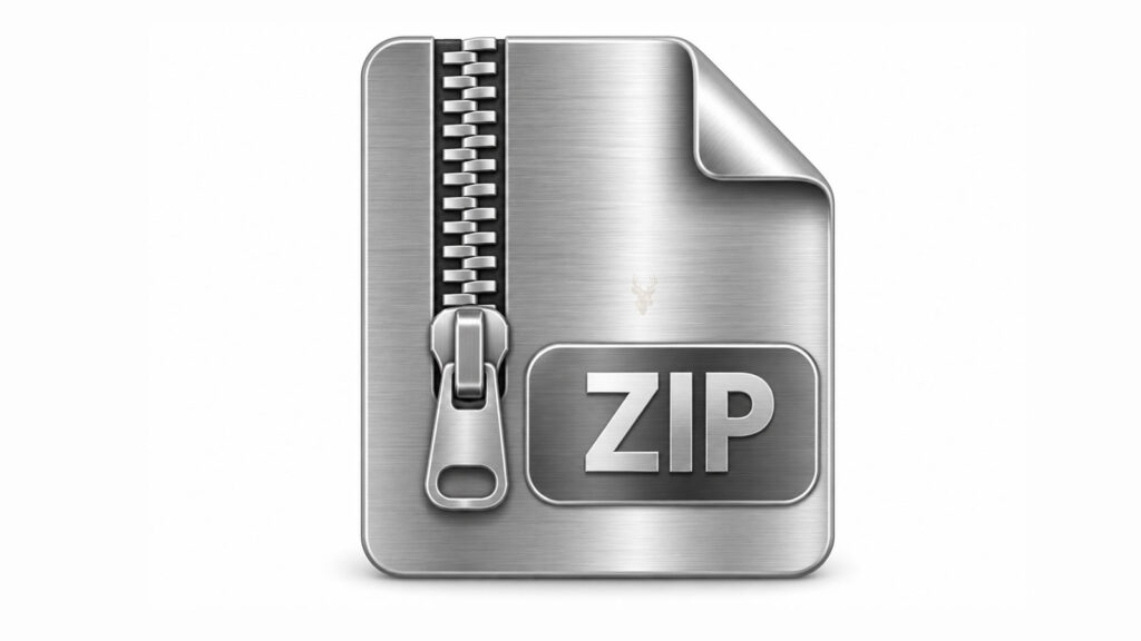 Metallic ZIP archive file icon representing compressed files used to reduce storage space and combine multiple files.