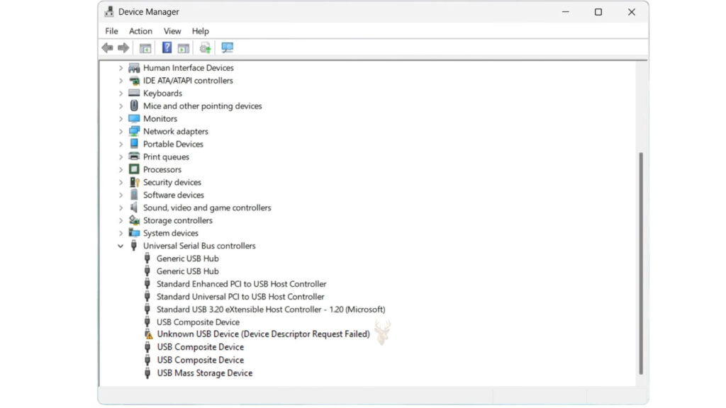 Windows Device Manager showing an Unknown USB Device with a Device Descriptor Request Failed error.