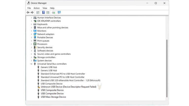 Windows Device Manager showing an Unknown USB Device with a Device Descriptor Request Failed error.