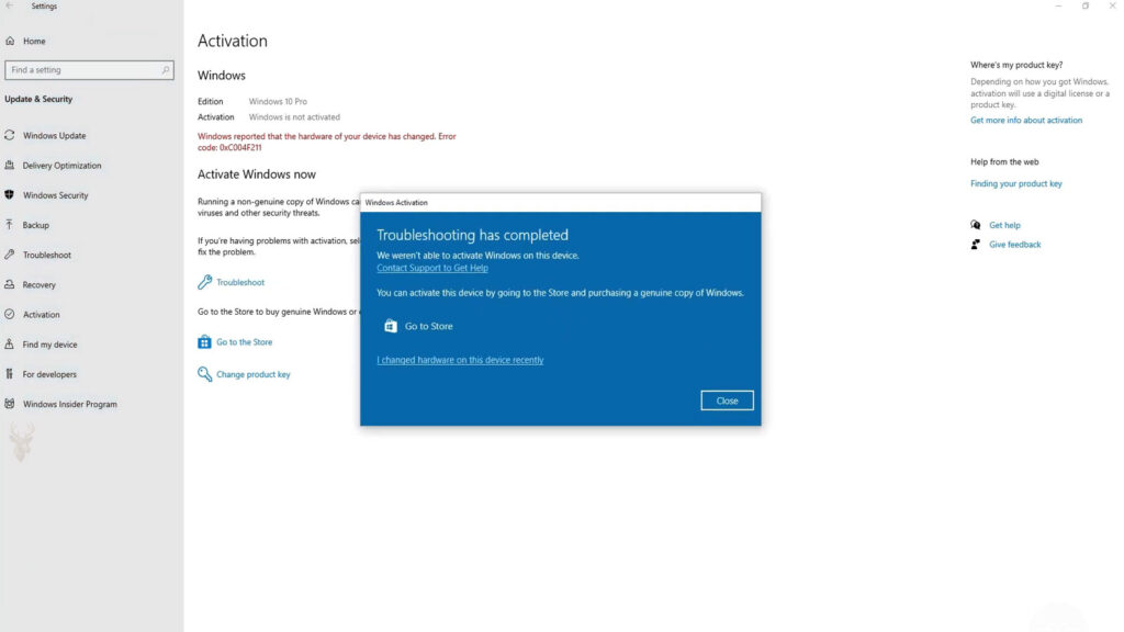Windows 10 Pro Activation troubleshooter reporting that activation failed because the device hardware was changed.
