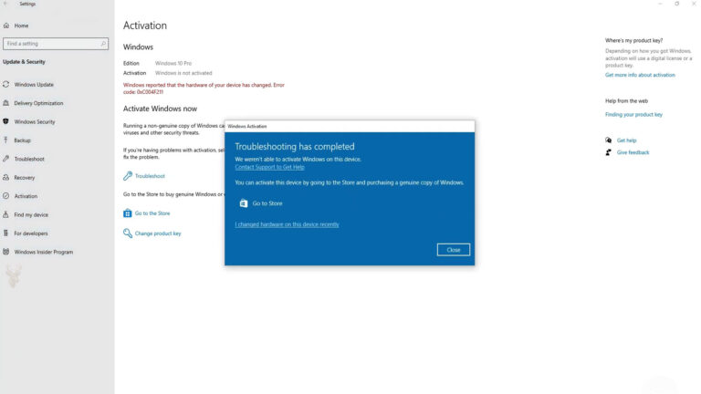 Windows 10 Pro Activation troubleshooter reporting that activation failed because the device hardware was changed.