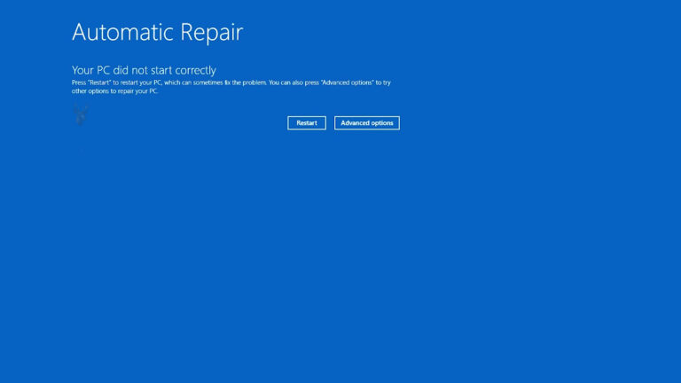 Windows Automatic Repair screen showing “Your PC did not start correctly” with Restart and Advanced options.