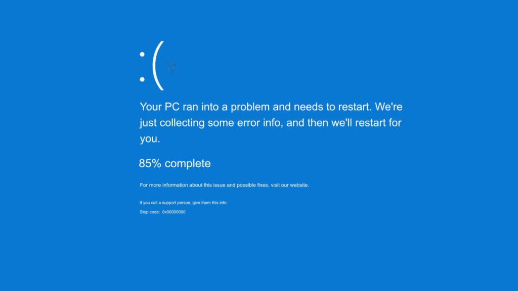 Windows blue screen at 85 percent while creating crash information, with a restart message and stop code displayed.