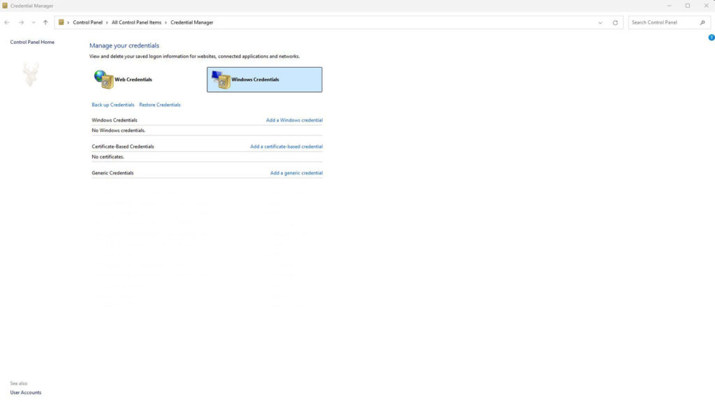 Windows Credential Manager open in Control Panel with Web Credentials and Windows Credentials sections available.