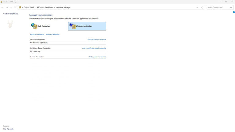 Windows Credential Manager open in Control Panel with Web Credentials and Windows Credentials sections available.