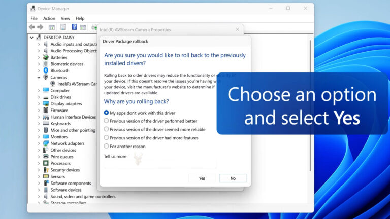 Windows Device Manager showing the Driver Package Rollback dialog for restoring a previously installed hardware driver.