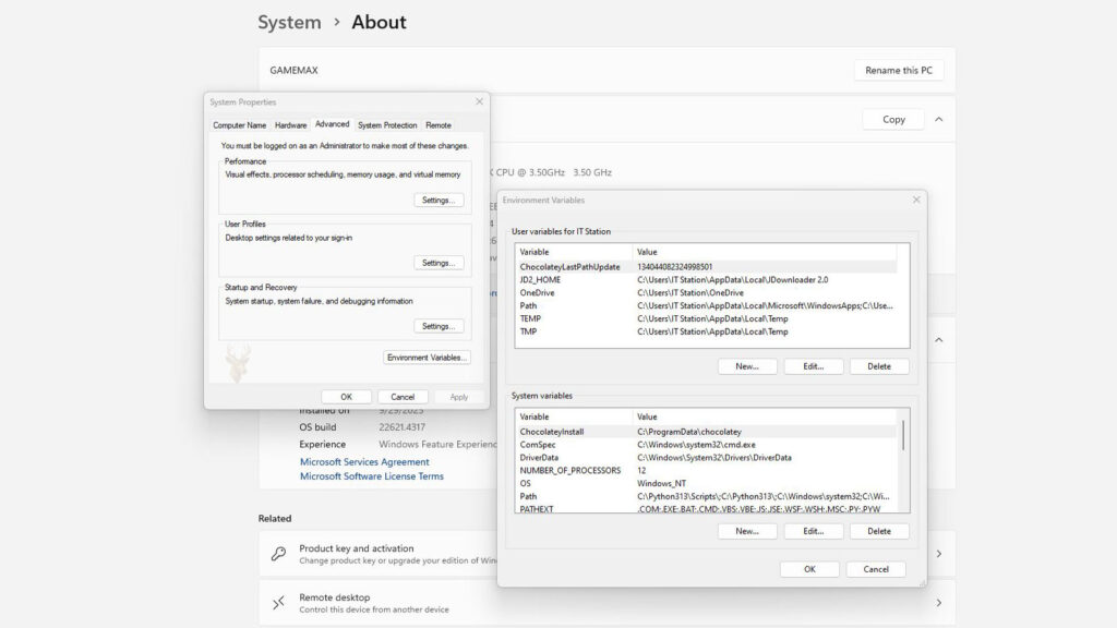 Windows System Properties with the Environment Variables dialog open for configuring user and system variables.