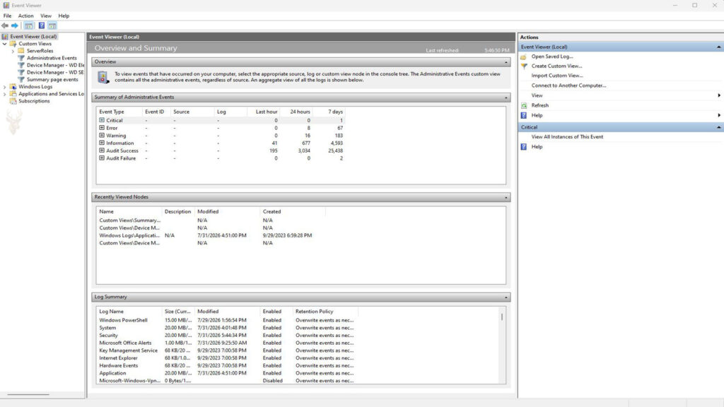 Windows Event Viewer displaying Custom Views, Windows Logs, Applications and Services Logs, and administrative event categories.