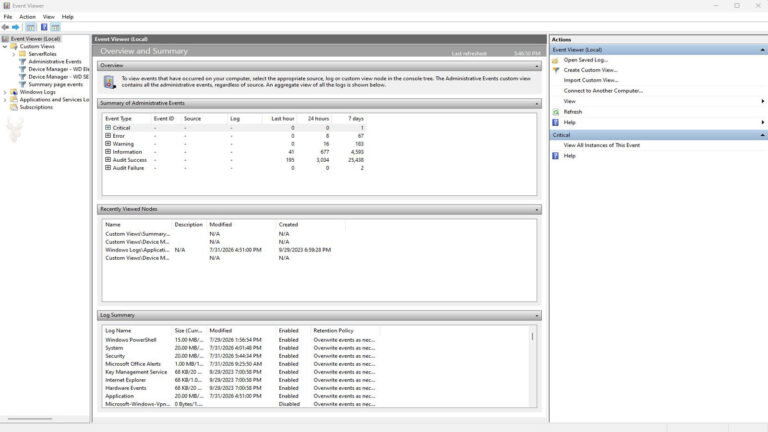 Windows Event Viewer displaying Custom Views, Windows Logs, Applications and Services Logs, and administrative event categories.