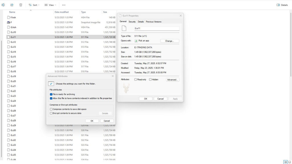 Windows File Explorer showing a file's Properties and Advanced Attributes windows with file attribute options and settings.