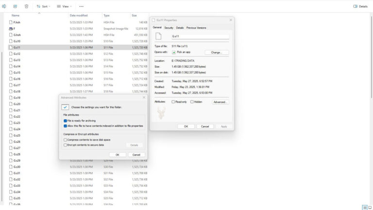 Windows File Explorer showing a file's Properties and Advanced Attributes windows with file attribute options and settings.