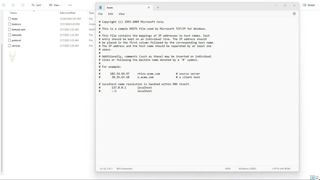 Windows hosts file open from the System32 drivers etc folder showing its default network mapping entries.