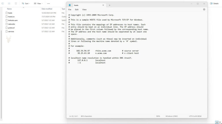 Windows hosts file open from the System32 drivers etc folder showing its default network mapping entries.