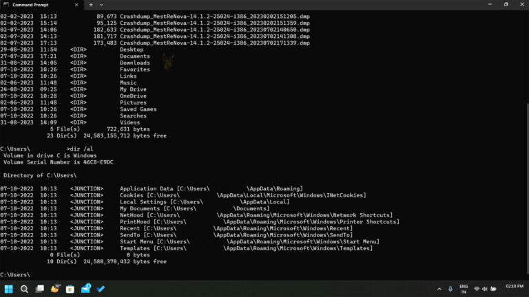 Windows Command Prompt displaying directory junctions used to redirect folders to different locations on the system.