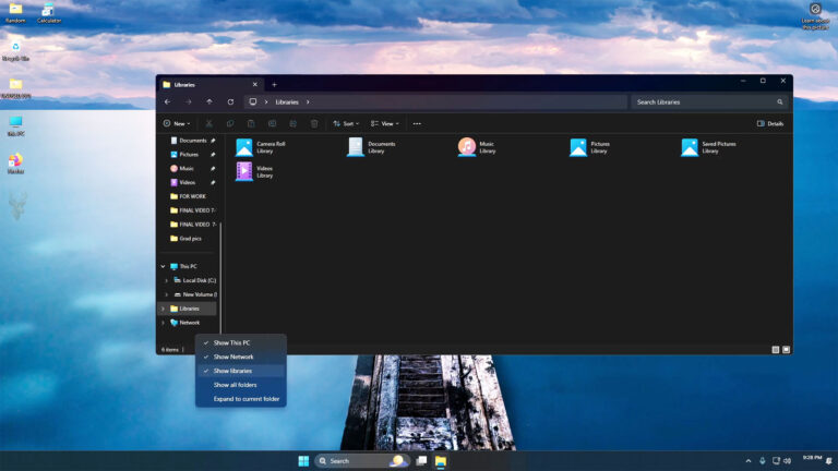 Windows File Explorer showing Libraries enabled in the navigation pane alongside This PC and Network.