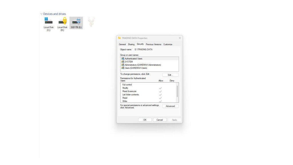 Windows folder Properties window open to the Security tab, showing NTFS permissions for a shared folder named Trading Data.