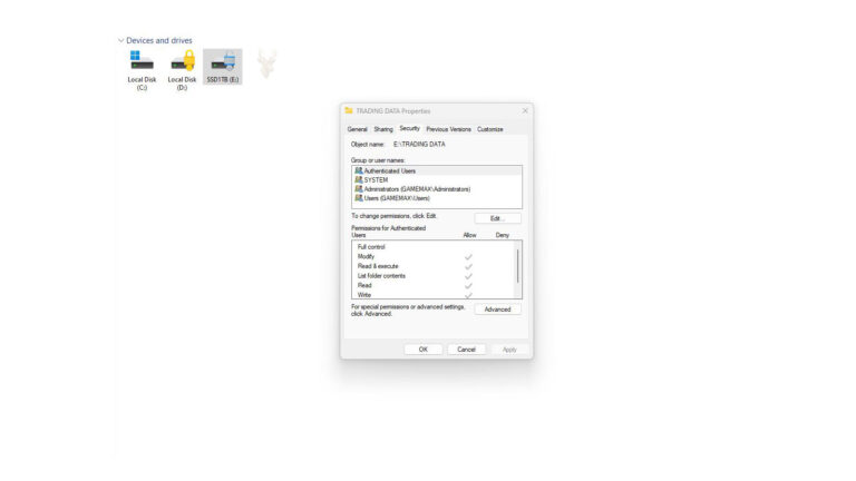 Windows folder Properties window open to the Security tab, showing NTFS permissions for a shared folder named Trading Data.