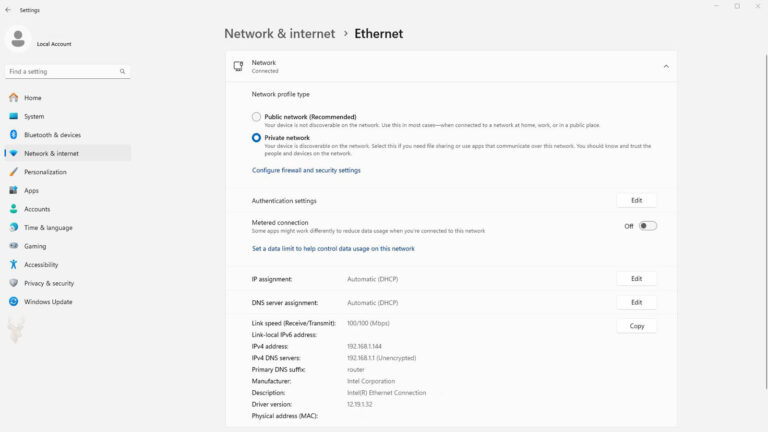 Windows Network & Internet settings showing the Ethernet network profile options with Private network selected.