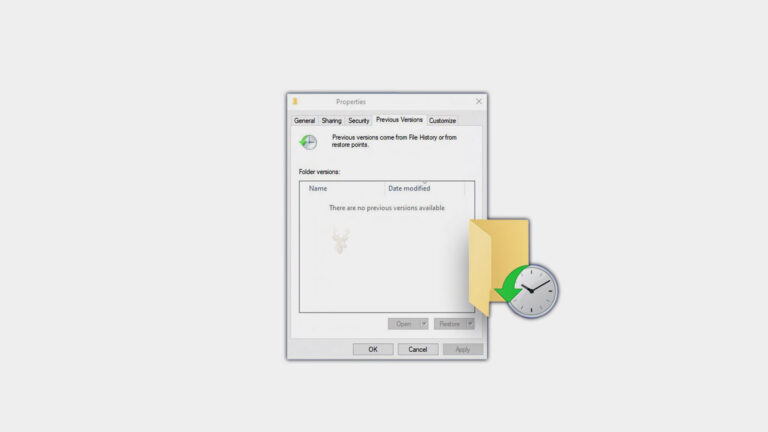 Windows file Properties window with the Previous Versions tab showing earlier copies of a file available for recovery.