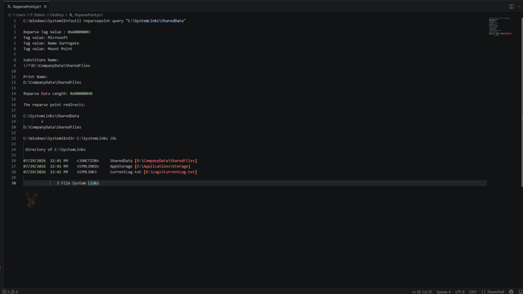 Windows Command Prompt displaying reparse point details, including the reparse tag and redirected target paths.