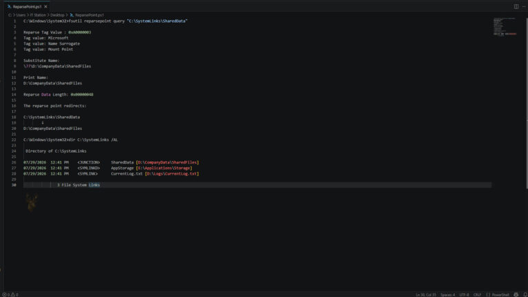 Windows Command Prompt displaying reparse point details, including the reparse tag and redirected target paths.