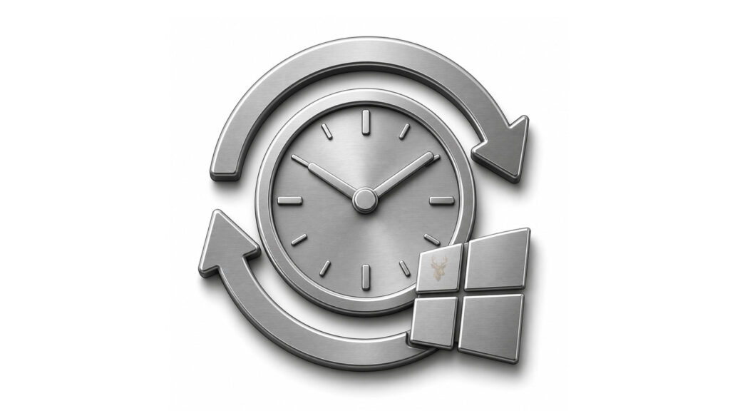 Metallic clock surrounded by synchronization arrows beside the Windows logo, representing repeated time synchronization failures.