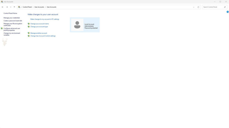 Windows Control Panel showing User Accounts settings for changing account type, managing other users, and reviewing administrator access.