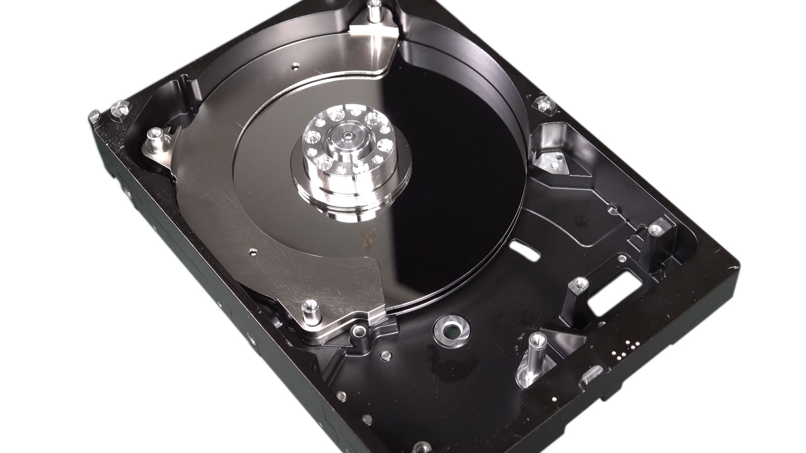 Hard drive with platters removed during a careful data recovery procedure.