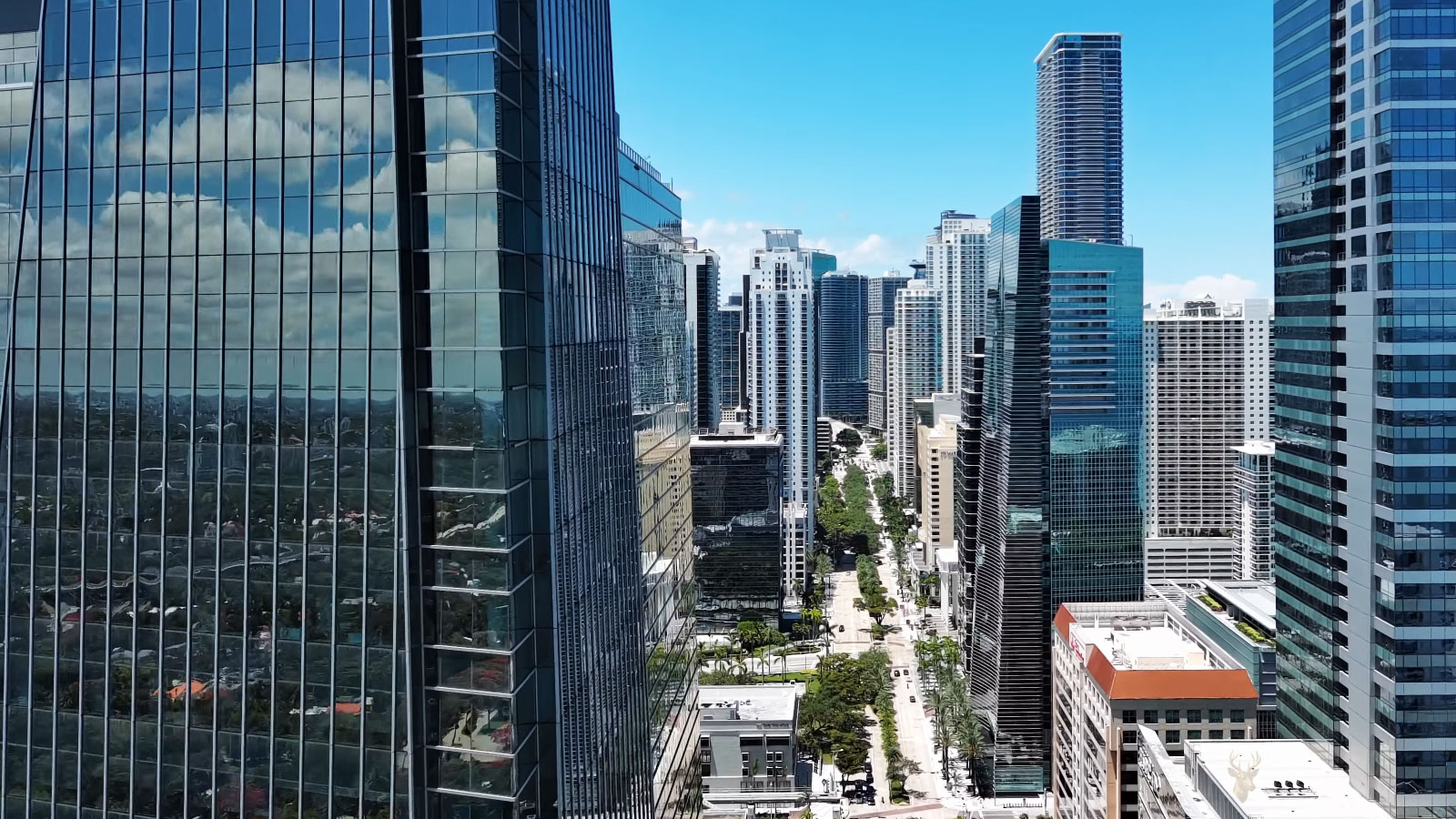 Modern business district with high-rise office buildings and commercial skyscrapers.